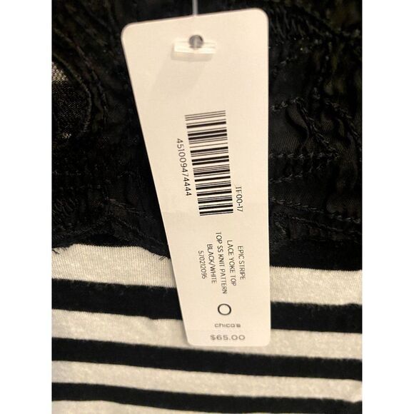 NWT Chico's T-shirt top Epic Stripe black/white solid cotton, Size 0, round neck - Picture 3 of 13